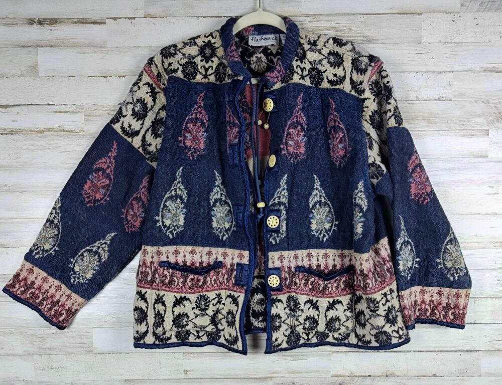 Vtg Flashback India Tapestry Knit Jacket Women's Medium Boho Jacquard Patchwork